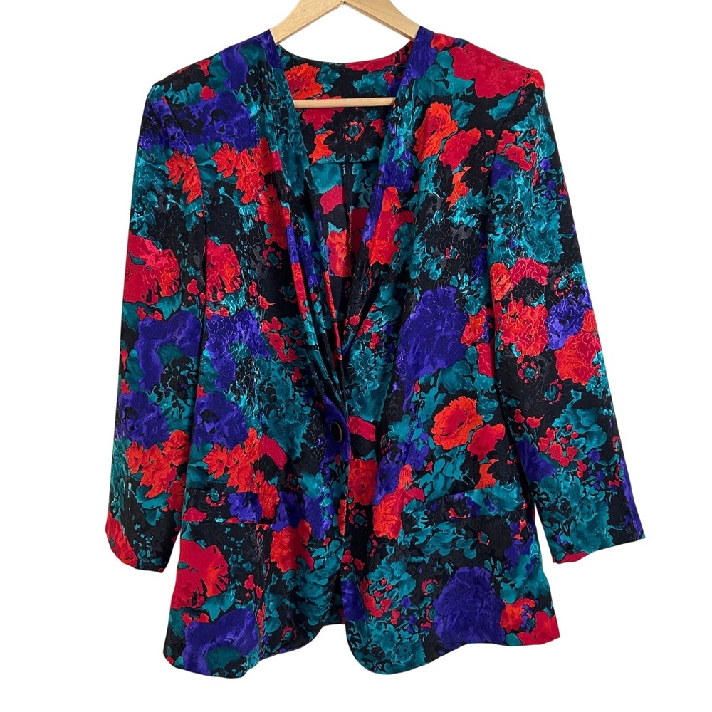 Vintage 80s Abstract Floral‎ Blazer, Jewel Tone Statement Jacket